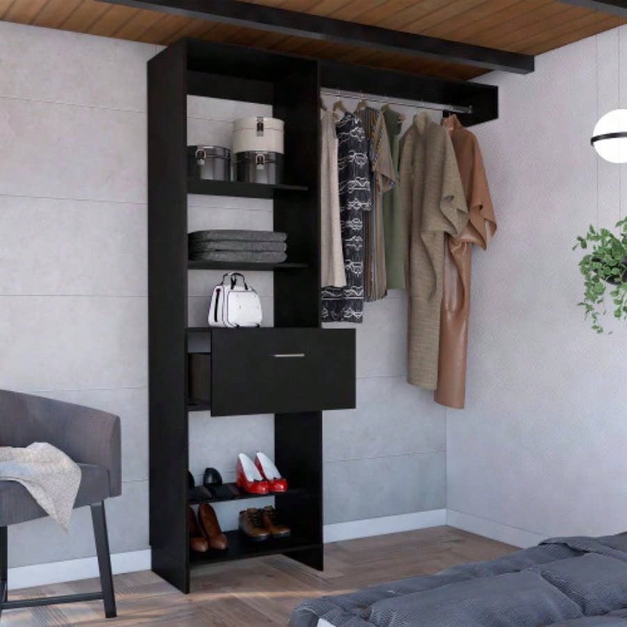 Hybrid Closet System, Five Open Shelves, One Drawer, Metal Rod
