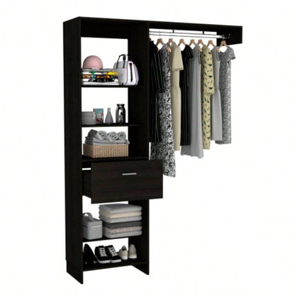 Hybrid Closet System, Five Open Shelves, One Drawer, Metal Rod