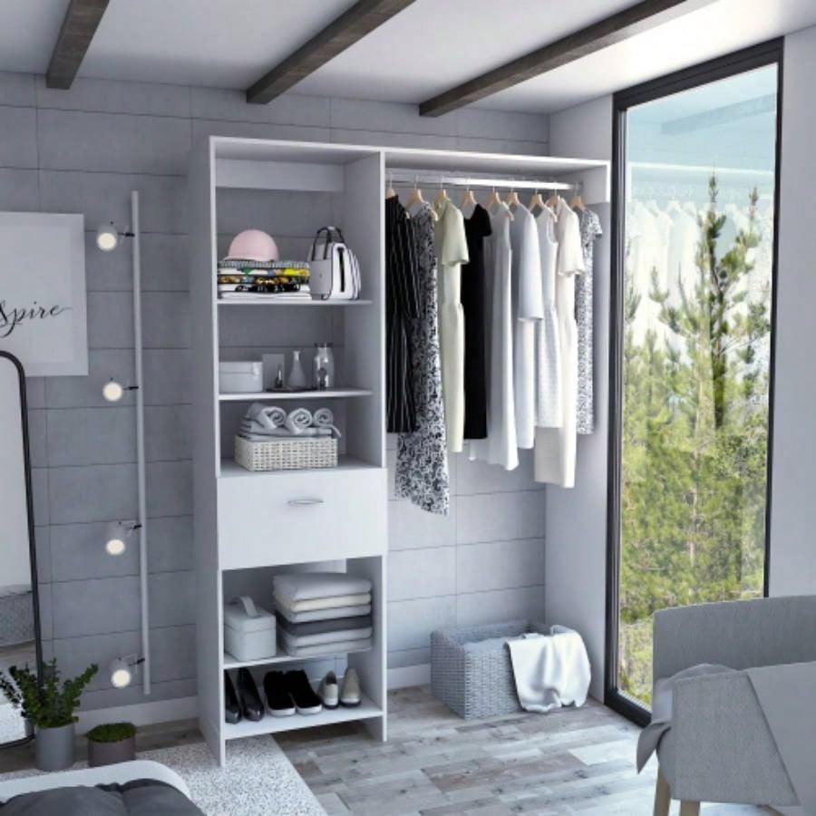 Hybrid Closet System, Five Open Shelves, One Drawer, Metal Rod