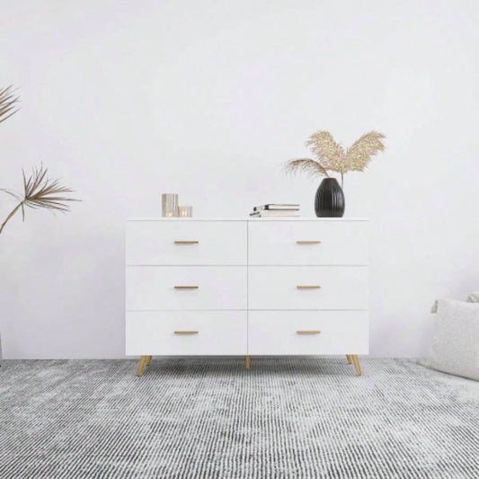 High Glossy Surface 6 Drawers Chest of Drawer with Golden Handle and Golden Steel White Color Vanity