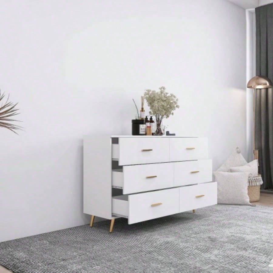 High Glossy Surface 6 Drawers Chest of Drawer with Golden Handle and Golden Steel White Color Vanity