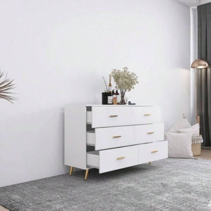 High Glossy Surface 6 Drawers Chest of Drawer with Golden Handle and Golden Steel White Color Vanity