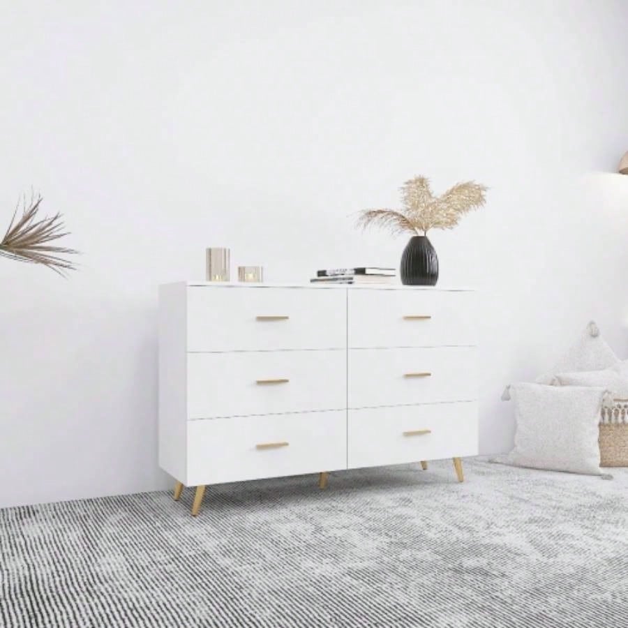 High Glossy Surface 6 Drawers Chest of Drawer with Golden Handle and Golden Steel White Color Vanity