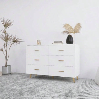 High Glossy Surface 6 Drawers Chest of Drawer with Golden Handle and Golden Steel White Color Vanity