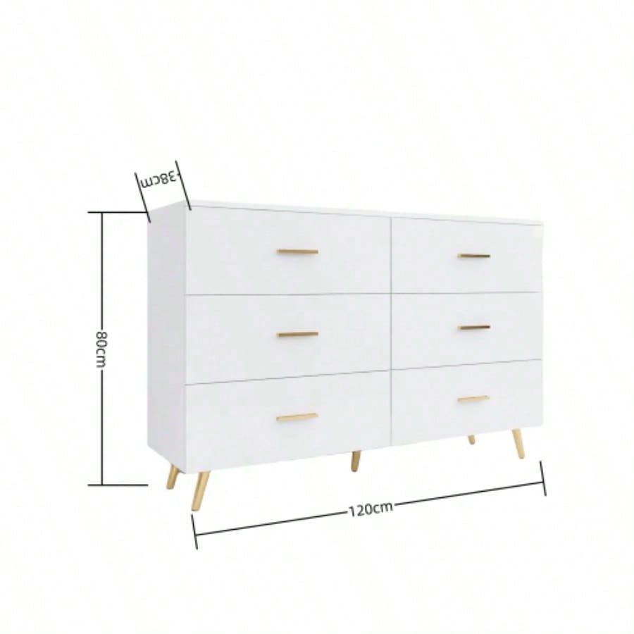 High Glossy Surface 6 Drawers Chest of Drawer with Golden Handle and Golden Steel White Color Vanity