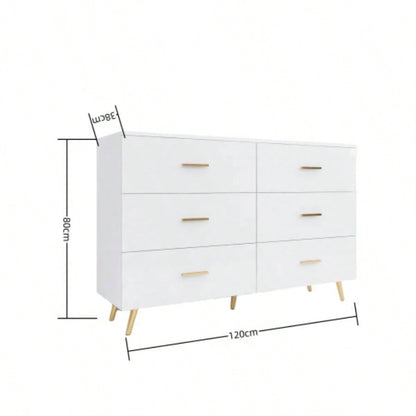 High Glossy Surface 6 Drawers Chest of Drawer with Golden Handle and Golden Steel White Color Vanity