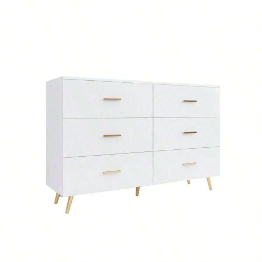 High Glossy Surface 6 Drawers Chest of Drawer with Golden Handle and Golden Steel White Color Vanity