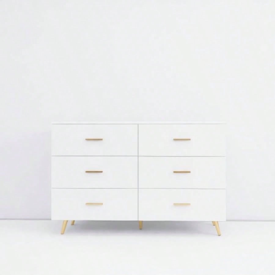 High Glossy Surface 6 Drawers Chest of Drawer with Golden Handle and Golden Steel White Color Vanity
