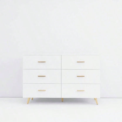 High Glossy Surface 6 Drawers Chest of Drawer with Golden Handle and Golden Steel White Color Vanity