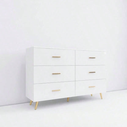 High Glossy Surface 6 Drawers Chest of Drawer with Golden Handle and Golden Steel White Color Vanity