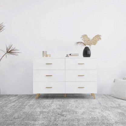 High Glossy Surface 6 Drawers Chest of Drawer with Golden Handle and Golden Steel White Color Vanity