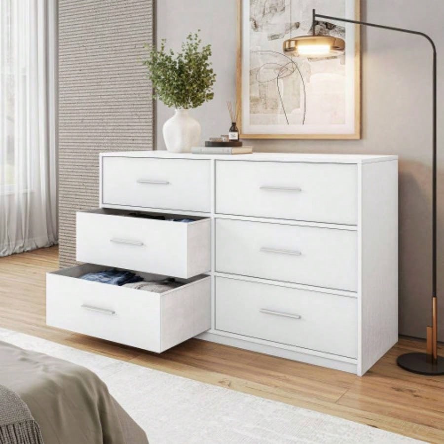 6 - Drawer Dresser with Large Fabric Drawers, White