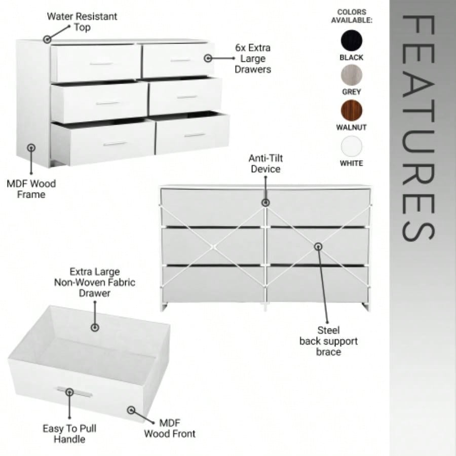 6 - Drawer Dresser with Large Fabric Drawers, White