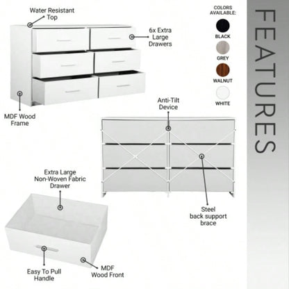 6 - Drawer Dresser with Large Fabric Drawers, White