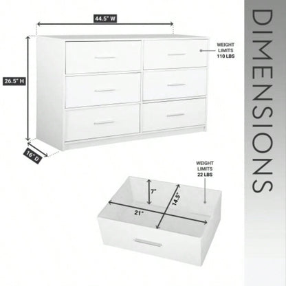 6 - Drawer Dresser with Large Fabric Drawers, White