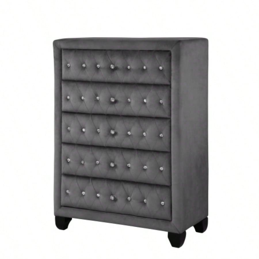 Sophia Modern Style Tufted Upholstery 5 - Drawer Chest finished with Velvet Fabric made with Wood in Gray same asG150108606 NJ inventory