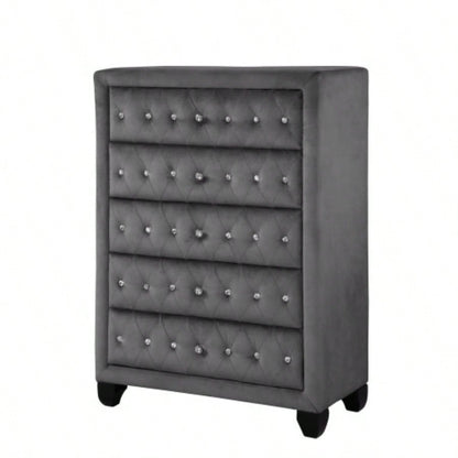 Sophia Modern Style Tufted Upholstery 5 - Drawer Chest finished with Velvet Fabric made with Wood in Gray same asG150108606 NJ inventory
