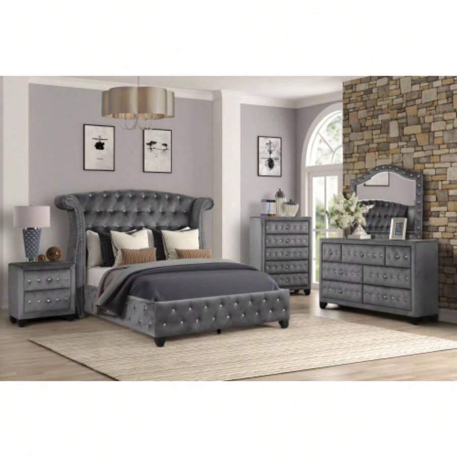 Sophia Modern Style Tufted Upholstery 5 - Drawer Chest finished with Velvet Fabric made with Wood in Gray same asG150108606 NJ inventory