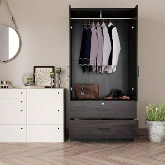 Wood Black Wardrobe Closet with 2 Doors and 2 Drawers, Bedroom Freestanding Armoire Storage Cabinet with Shelves, Wooden Wardrobe Combination Hanging Clothes
