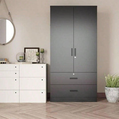 Wood Black Wardrobe Closet with 2 Doors and 2 Drawers, Bedroom Freestanding Armoire Storage Cabinet with Shelves, Wooden Wardrobe Combination Hanging Clothes