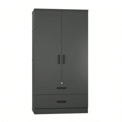 Wood Black Wardrobe Closet with 2 Doors and 2 Drawers, Bedroom Freestanding Armoire Storage Cabinet with Shelves, Wooden Wardrobe Combination Hanging Clothes