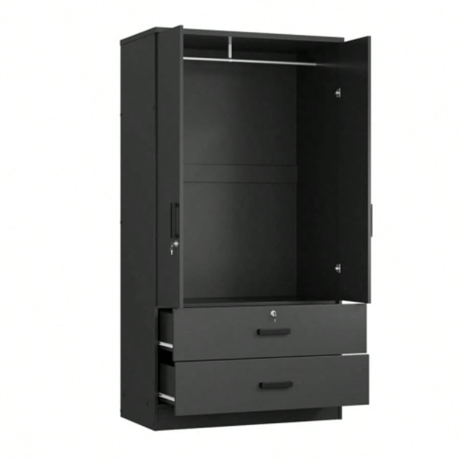 Wood Black Wardrobe Closet with 2 Doors and 2 Drawers, Bedroom Freestanding Armoire Storage Cabinet with Shelves, Wooden Wardrobe Combination Hanging Clothes