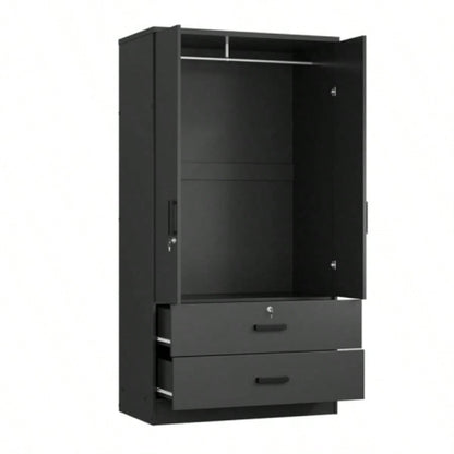 Wood Black Wardrobe Closet with 2 Doors and 2 Drawers, Bedroom Freestanding Armoire Storage Cabinet with Shelves, Wooden Wardrobe Combination Hanging Clothes