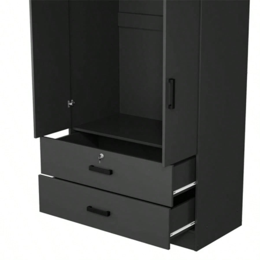 Wood Black Wardrobe Closet with 2 Doors and 2 Drawers, Bedroom Freestanding Armoire Storage Cabinet with Shelves, Wooden Wardrobe Combination Hanging Clothes
