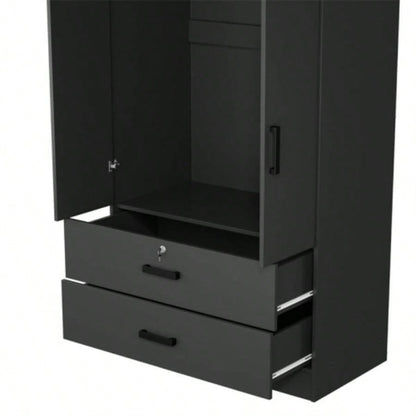 Wood Black Wardrobe Closet with 2 Doors and 2 Drawers, Bedroom Freestanding Armoire Storage Cabinet with Shelves, Wooden Wardrobe Combination Hanging Clothes