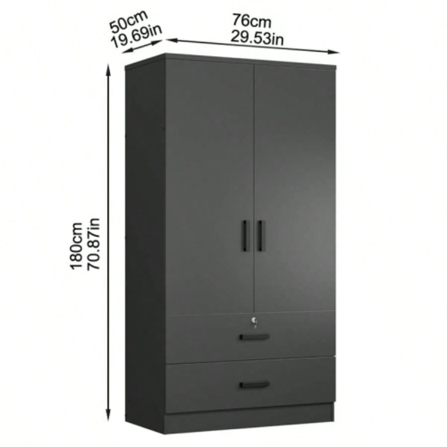Wood Black Wardrobe Closet with 2 Doors and 2 Drawers, Bedroom Freestanding Armoire Storage Cabinet with Shelves, Wooden Wardrobe Combination Hanging Clothes