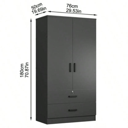 Wood Black Wardrobe Closet with 2 Doors and 2 Drawers, Bedroom Freestanding Armoire Storage Cabinet with Shelves, Wooden Wardrobe Combination Hanging Clothes