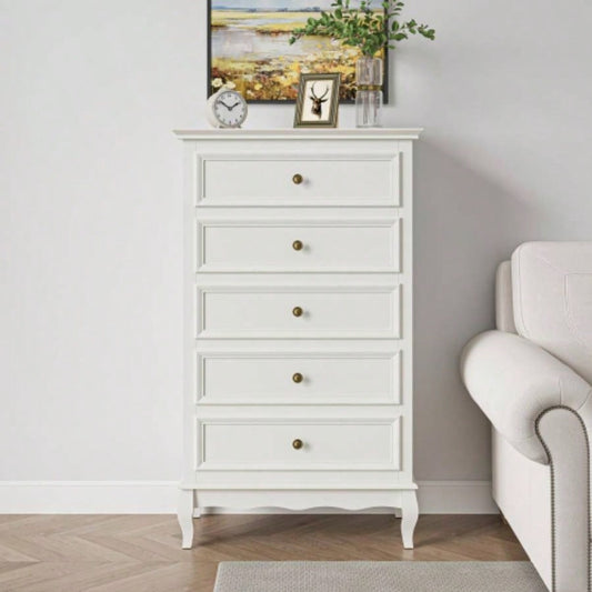 5 Drawer Dresser Bedroom, Modern Storage Closet Cabinet Organizerwith Solid Wood and Painted - White