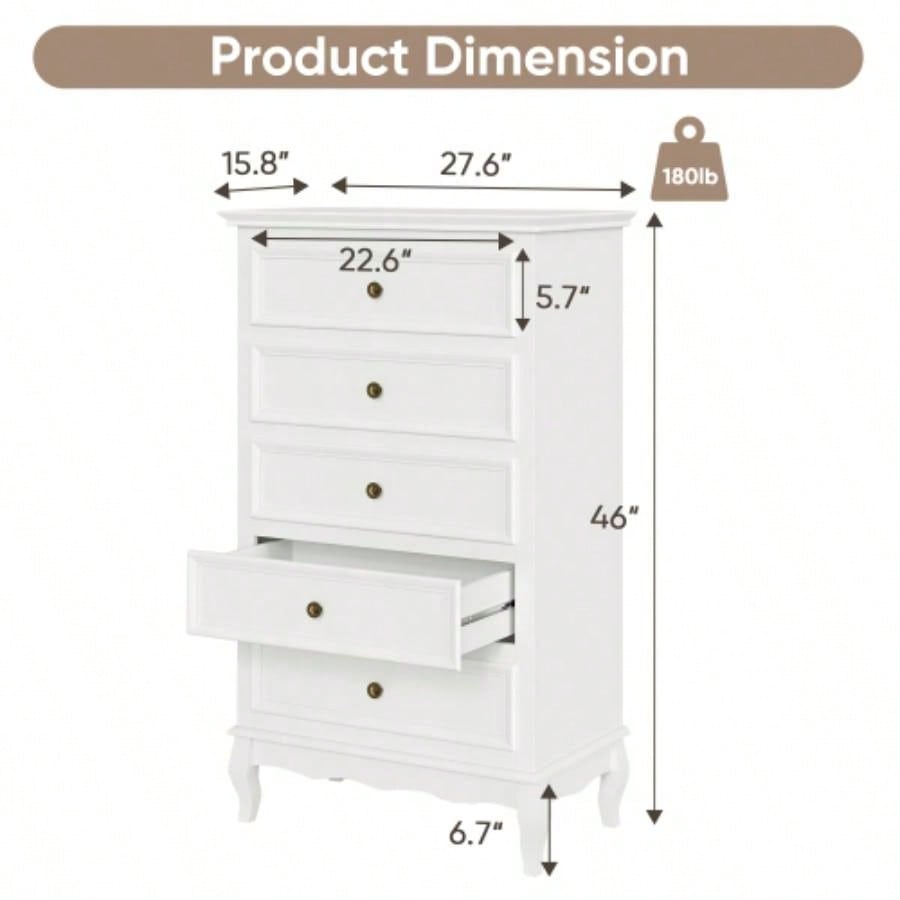 5 Drawer Dresser Bedroom, Modern Storage Closet Cabinet Organizerwith Solid Wood and Painted - White