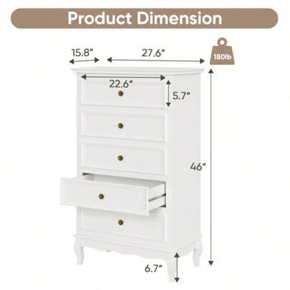 5 Drawer Dresser Bedroom, Modern Storage Closet Cabinet Organizerwith Solid Wood and Painted - White