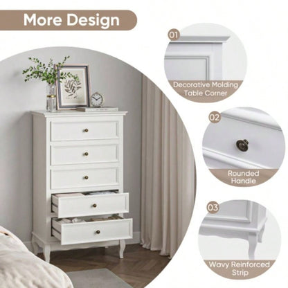 5 Drawer Dresser Bedroom, Modern Storage Closet Cabinet Organizerwith Solid Wood and Painted - White