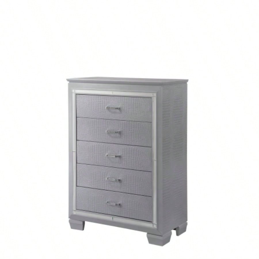 1pc Modern Five Drawer Tall Chest Mirror Accents Hardware Faux Accent Silver