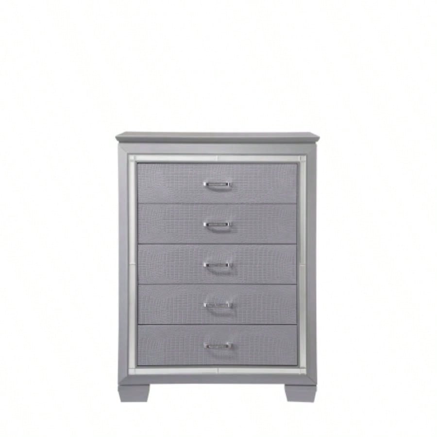 1pc Modern Five Drawer Tall Chest Mirror Accents Hardware Faux Accent Silver