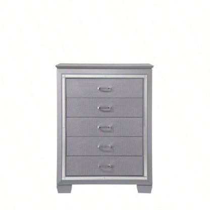 1pc Modern Five Drawer Tall Chest Mirror Accents Hardware Faux Accent Silver