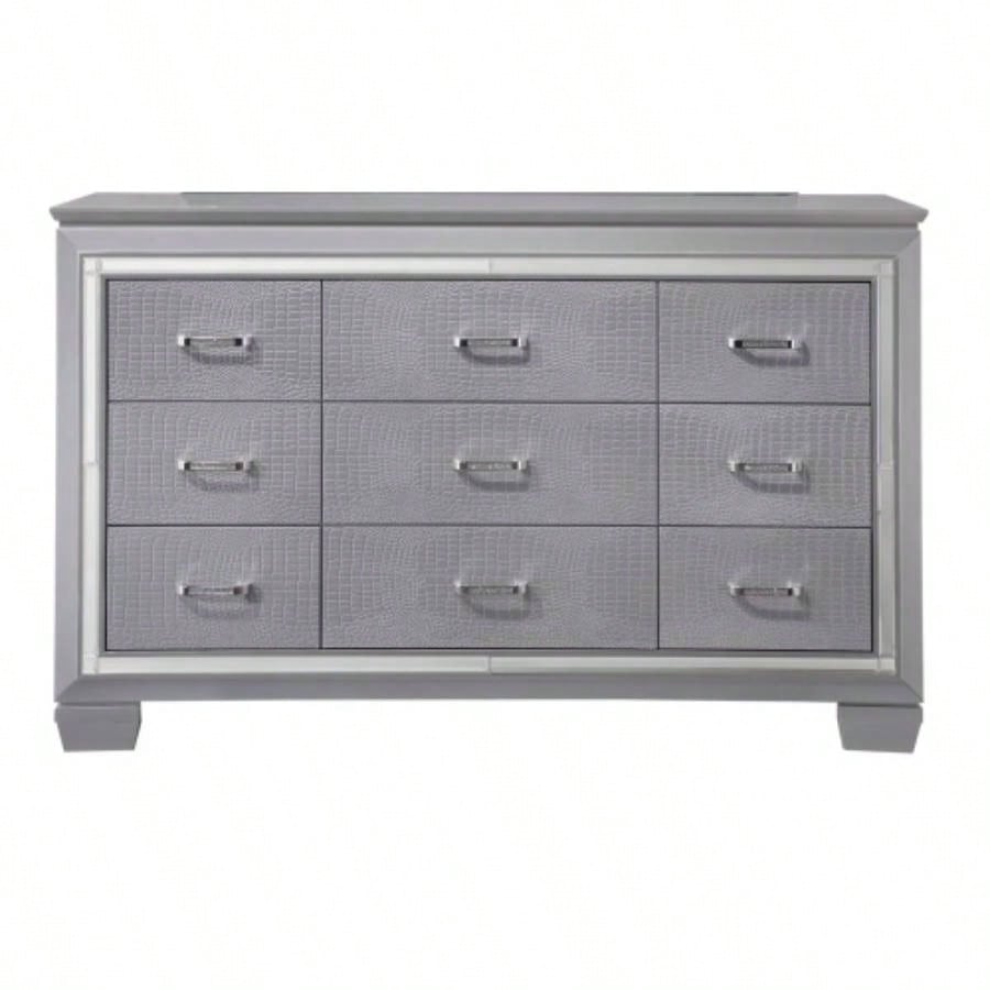 1pc Modern Five Drawer Tall Chest Mirror Accents Hardware Faux Accent Silver