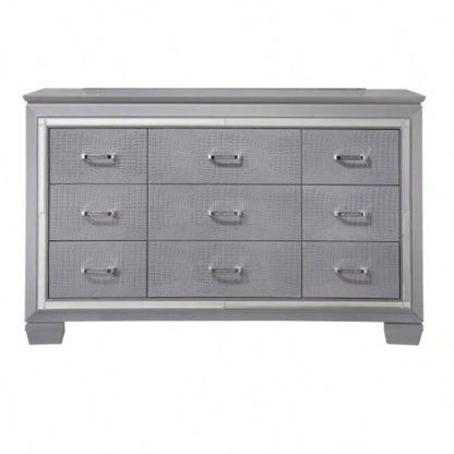 1pc Modern Five Drawer Tall Chest Mirror Accents Hardware Faux Accent Silver