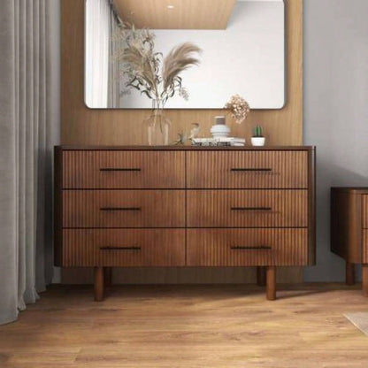 Logan Mid Modern Walnut Dresser with 6 Drawers Ample Storage in Solid Wood 33.1Hx 55.9x 17. D