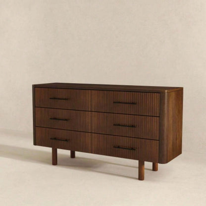 Logan Mid Modern Walnut Dresser with 6 Drawers Ample Storage in Solid Wood 33.1Hx 55.9x 17. D