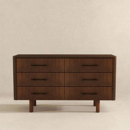 Logan Mid Modern Walnut Dresser with 6 Drawers Ample Storage in Solid Wood 33.1Hx 55.9x 17. D