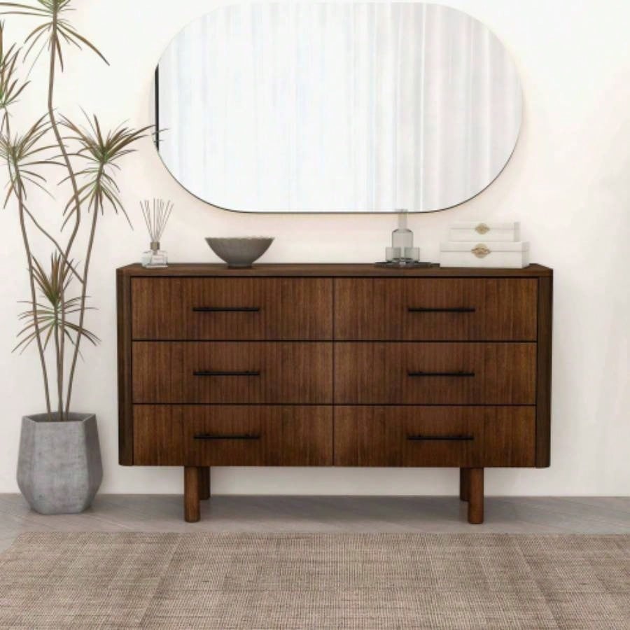 Logan Mid Modern Walnut Dresser with 6 Drawers Ample Storage in Solid Wood 33.1Hx 55.9x 17. D