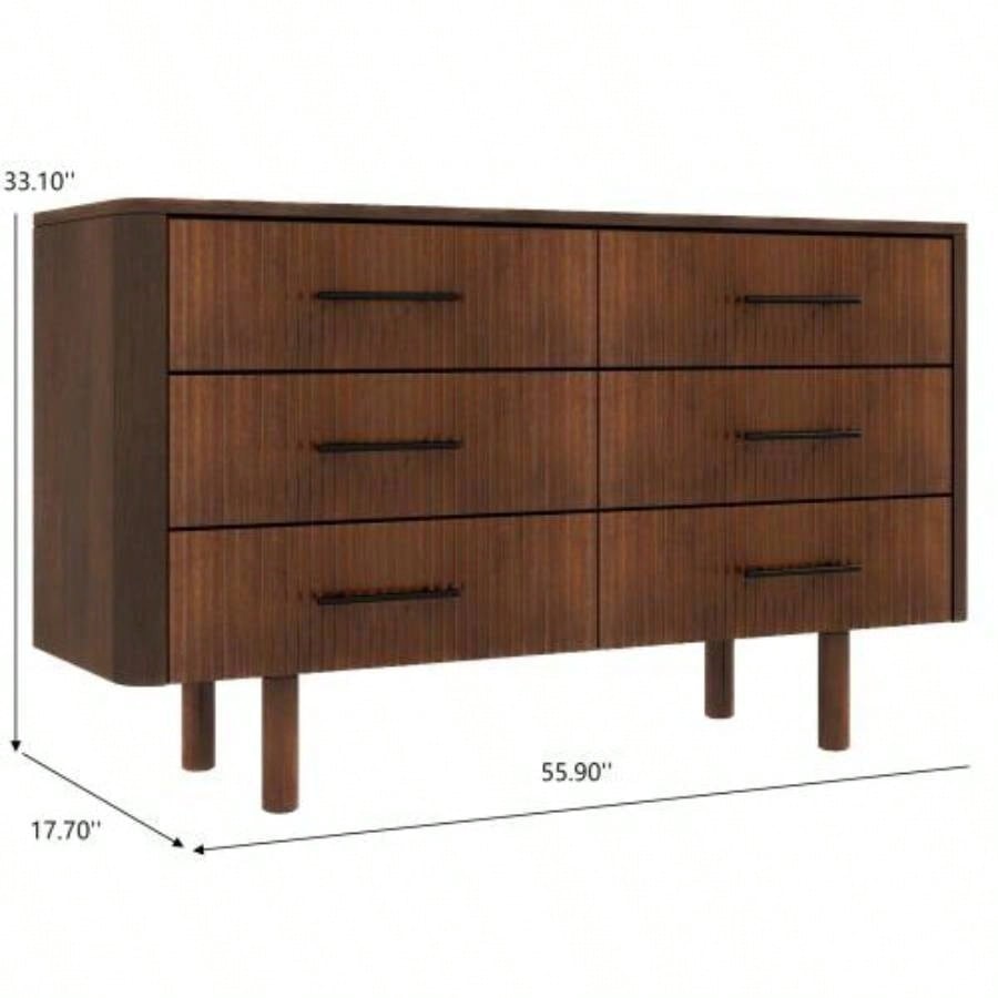 Logan Mid Modern Walnut Dresser with 6 Drawers Ample Storage in Solid Wood 33.1Hx 55.9x 17. D