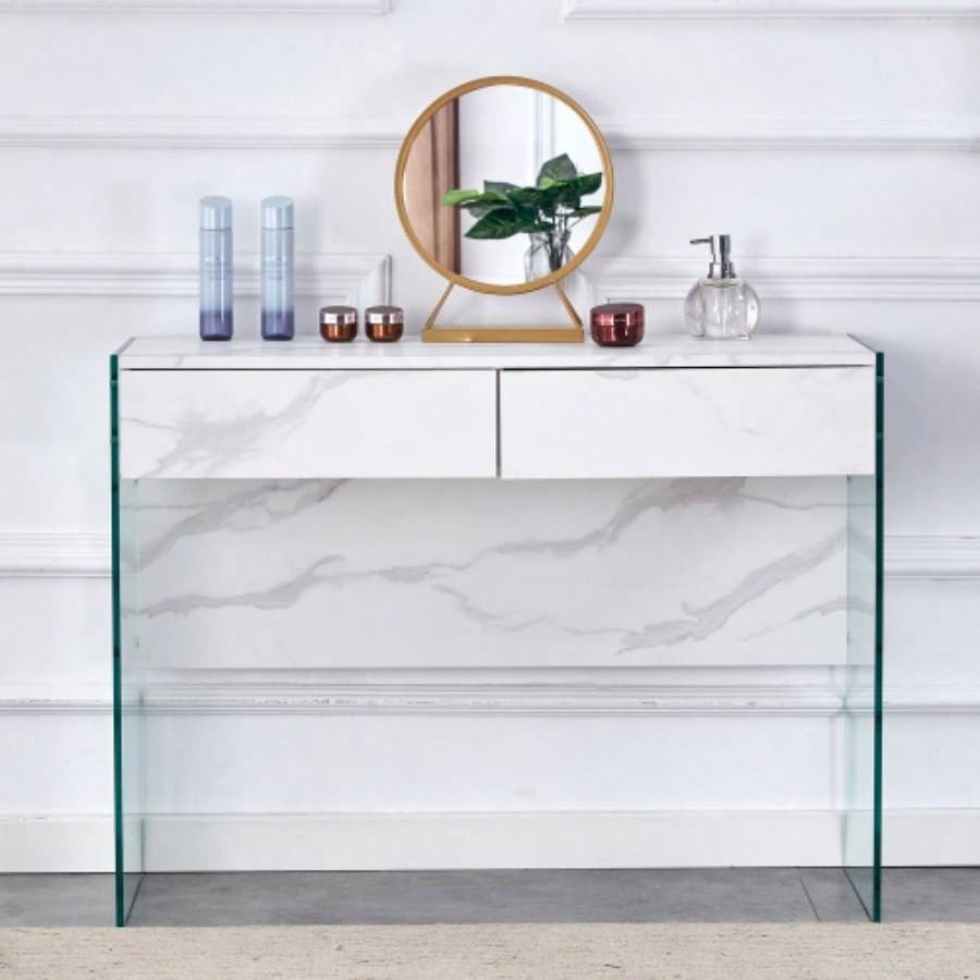White MDF minimalist dresser, desk, desktop computer desk, with double drawer storage space, simple home, various styles of home environment. W1151P183696