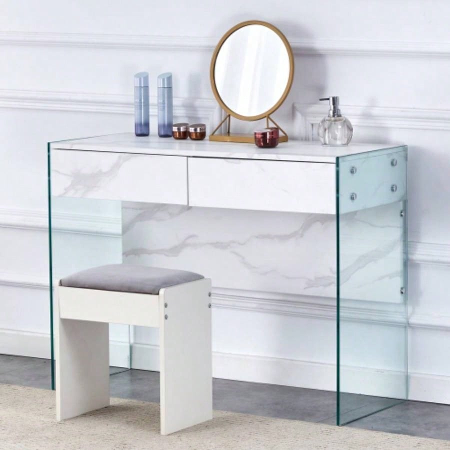 White MDF minimalist dresser, desk, desktop computer desk, with double drawer storage space, simple home, various styles of home environment. W1151P183696