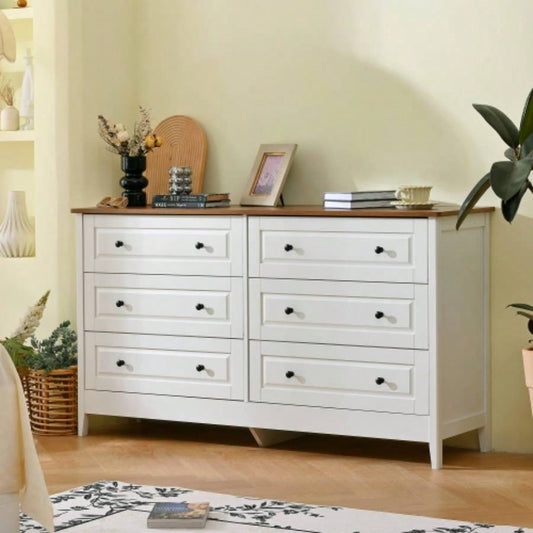 White Dresser Bedroom, 6 Drawer Dresser with Wide Drawer and Metal Handles, White Dresser, Wood Dressers Chests of Drawers Hallway, Entryway.
