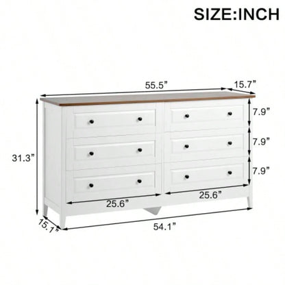 White Dresser Bedroom, 6 Drawer Dresser with Wide Drawer and Metal Handles, White Dresser, Wood Dressers Chests of Drawers Hallway, Entryway.