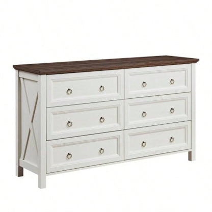 Farmhouse 6 Drawers Dresser Bedroom, Wood Rustic Wide Chest of Drawers, Storage Dressers Organizer Bedroom, Living Room, Hallway